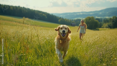 Obraz na płótnie happy family travel on their summer holiday trip together with their cheerful golden retriever dog at beautiful natural area. w salonie