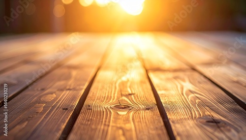Sunset on Wooden Deck Texture Background, Warm Natural Light and Soft Focus Wood Surface.