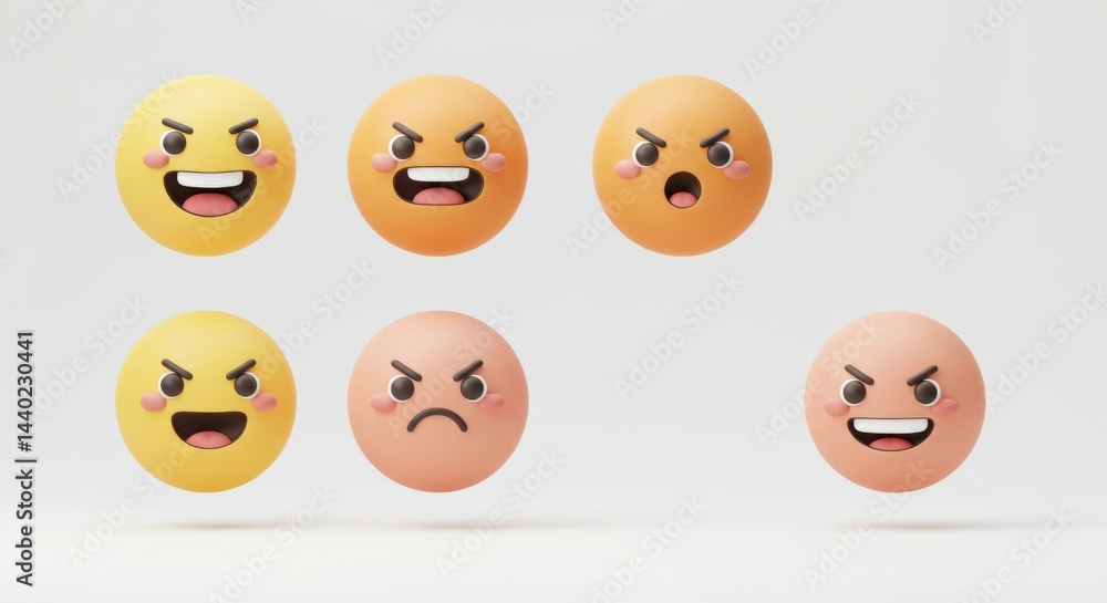 Cartoon Faces: Row of Angry Expressions on Colorful Spheres, Isolated on White. Cartoon Faces: Row of Angry Expressions on Colorful Spheres, Isolated on White.