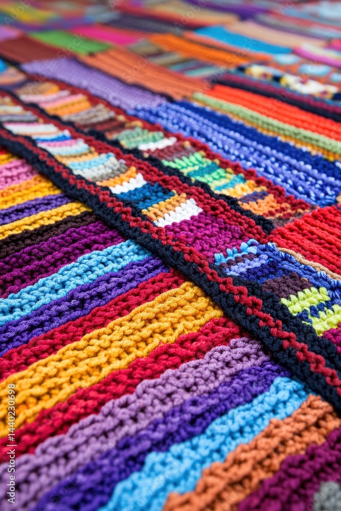 Charming knitted patchwork with vibrant stripes handmade texture colorful background and cozy feel artsy craftwork close-up view Charming knitted patchwork with vibrant stripes handmade texture colorful background and cozy feel artsy craftwork close-up view