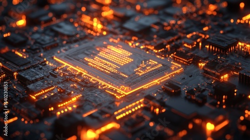 Abstract close-up view of a glowing computer circuit board with a central processor.