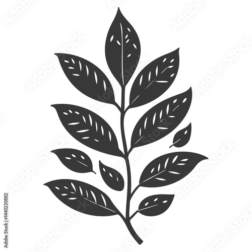 Stylized monochrome illustration of leafy branch element for design projects