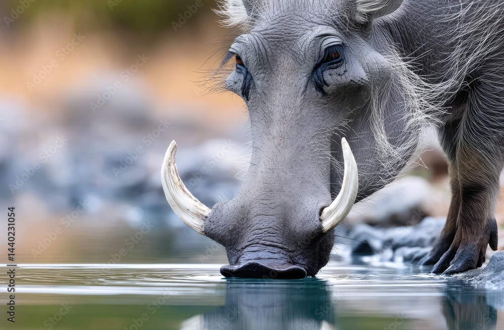 Fototapeta premium Warthog, head down and standing on its hind legs at a water hole, eating