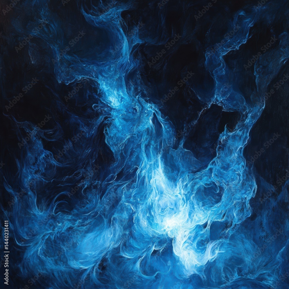 Obraz premium Abstract cosmic blue nebula painting in dark background digital artwork deep space ethereal galaxy art