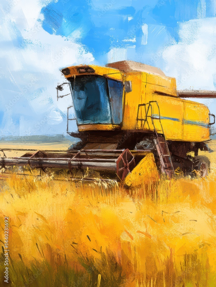 Fototapeta premium Vivid Artistic Rendition of Golden Combine Harvester Amidst Field Under Bright Sky Captures Rural Essence