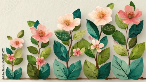 Watercolor style illustration of pink flowers and green leaves on beige background.