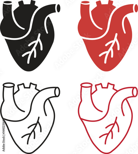 Human heart organ with aorta and arteries flat and outline icons set for medical health, app and websites. Human body organ symbols vectors illustration collection isolated on transparent background.