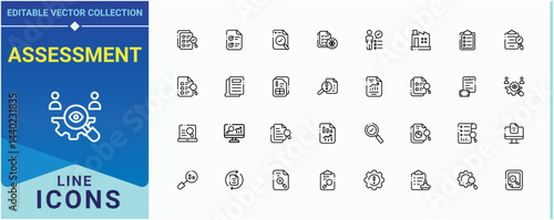 Assessment icon set. Included research, document, graph, inspect, magnify and more. Audit icon set. Minimalist icons collection. Editable stroke collections.