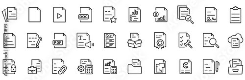 Document web line icons. Containing contract papers, folder, certificate, accept, approved, clipboard, invoice, archive. Editable stroke