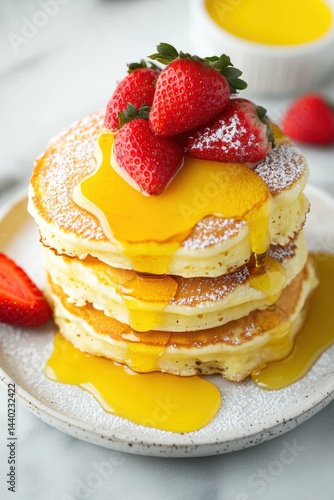Delicious stack of pancakes topped with fresh strawberries and syrup on a bright marble table