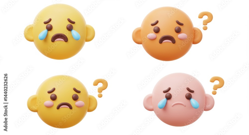 Fototapeta premium Crying and Confused: 3D Rendered Emoji Faces with Question Marks.