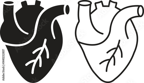 Human heart organ with aorta and arteries black flat, outline icon set for medical health, app and websites. Human body organ symbol vectors illustration collection isolated on transparent background.