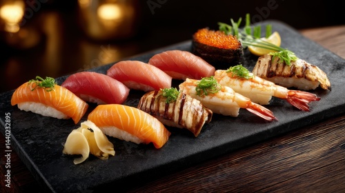 Assorted Nigiri Sushi on Stone Slab
