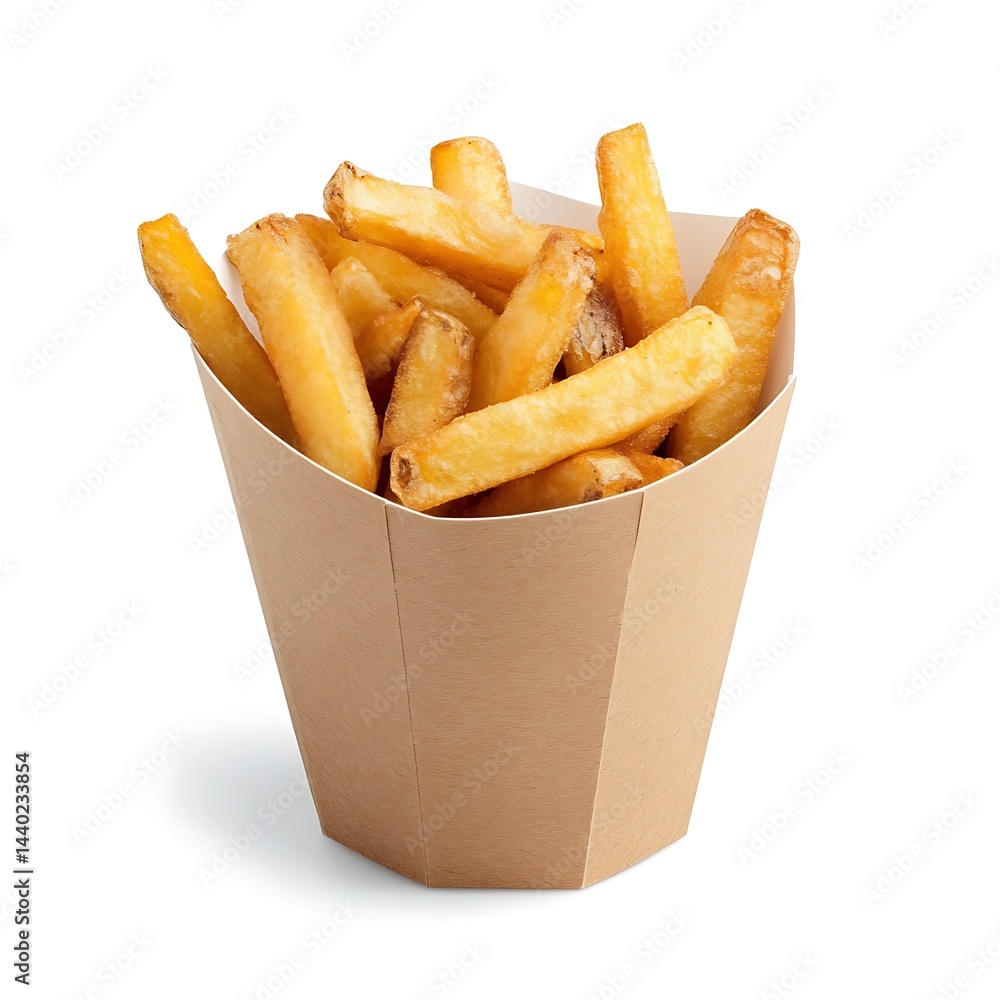 Golden french fries in a paper cone container. Golden french fries in a paper cone container.