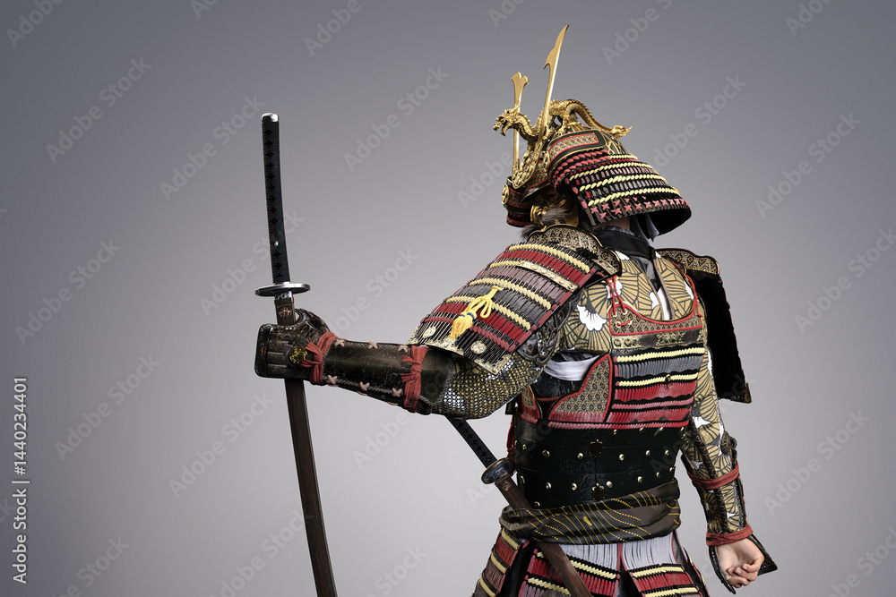 Fototapeta premium Samurai in Traditional Armor Holding a Katana Sword on Dark Background, Rear View, 3D illustration