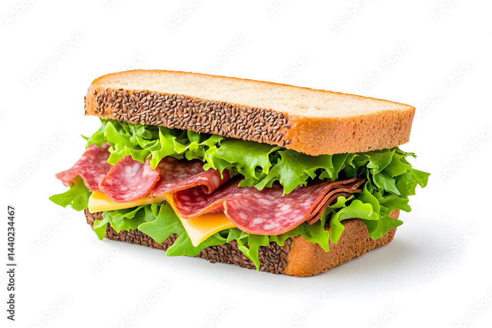 Delicious salami sandwich with cheese, fresh green lettuce, isolated on white backdrop Delicious salami sandwich with cheese, fresh green lettuce, isolated on white backdrop