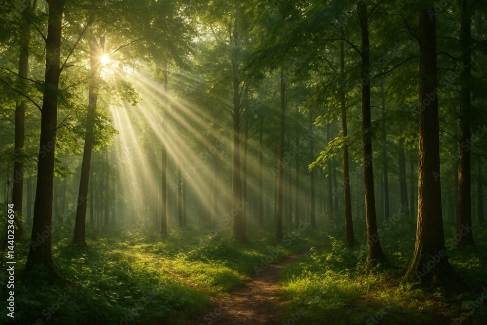 Naklejka premium Forest with sunbeams through trees captured as natural scenic background ideal for relaxing desktop wallpapers, travel ads, calming mobile screens, and premium marketing visuals