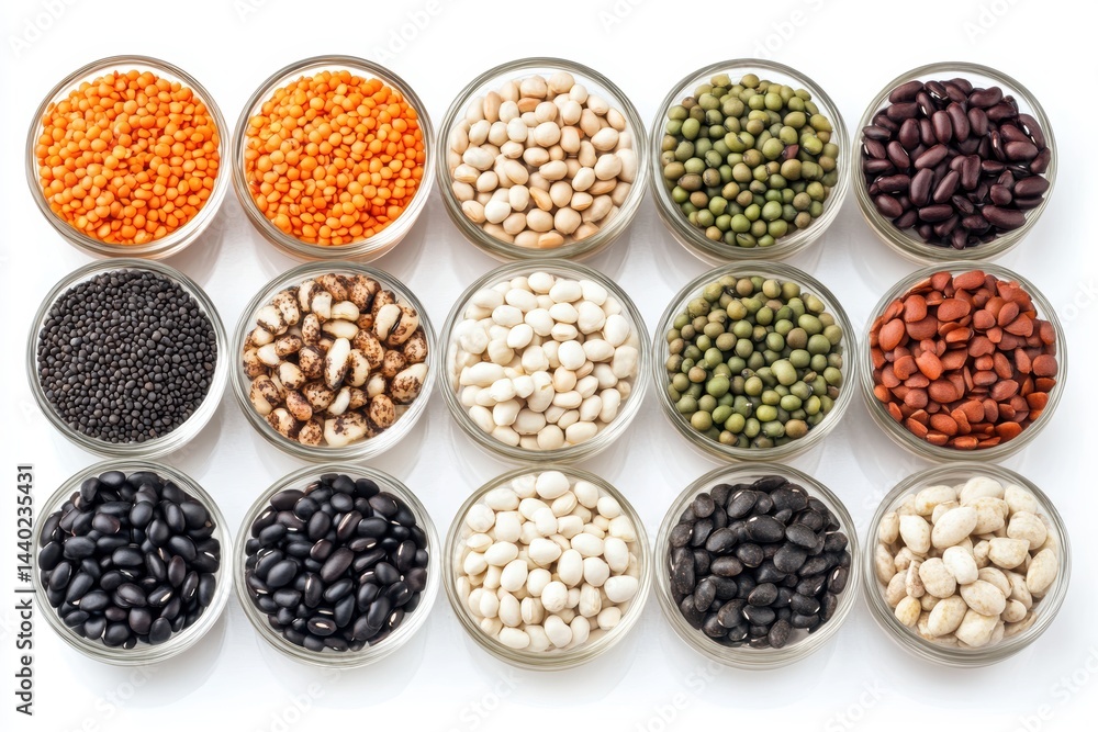 Assortment of Nutritional Beans and Legumes in Glass Bowls Displayed on a Bright White Surface Assortment of Nutritional Beans and Legumes in Glass Bowls Displayed on a Bright White Surface