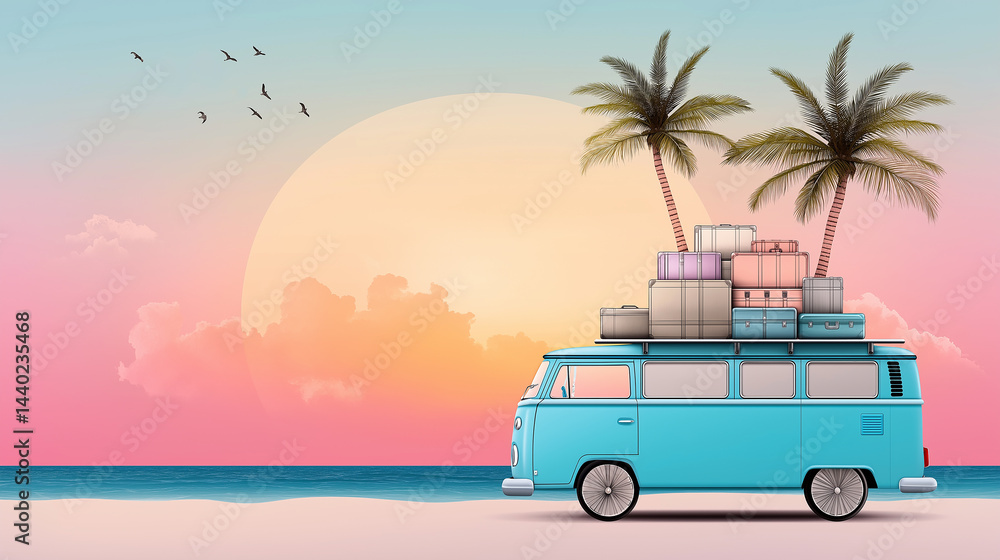 Fototapeta premium Cute cartoon vector illustration in flat style: Sandy beach with bright blue van holiday travel carrying luggage ,coconut trees ,horizon and sunrise with soft colors summer dawn,background.