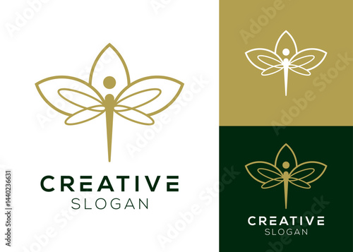 Abstract dragonfly with lotus flower logo design for spa and wellness