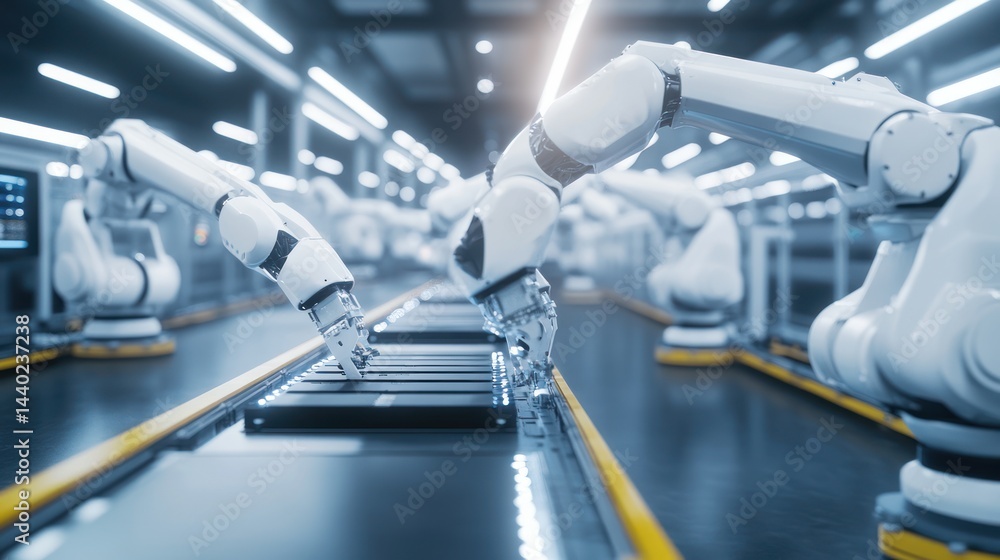 Robotic arms performing automated tasks on a production line in a factory Robotic arms performing automated tasks on a production line in a factory