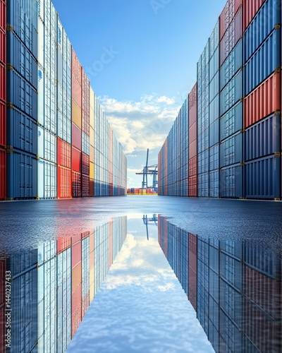 Symmetrical shipping containers mirroring sky in a yard reflecting global commerce and transport
