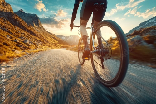 Professional cyclist speeding downhill on a mountain road during golden hour