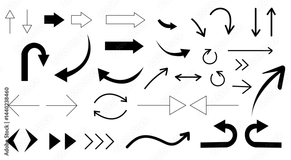 Set of black arrow icons. Hand drawn arrows, black arrow vectors, line arrows, arrow collection Set of black arrow icons. Hand drawn arrows, black arrow vectors, line arrows, arrow collection