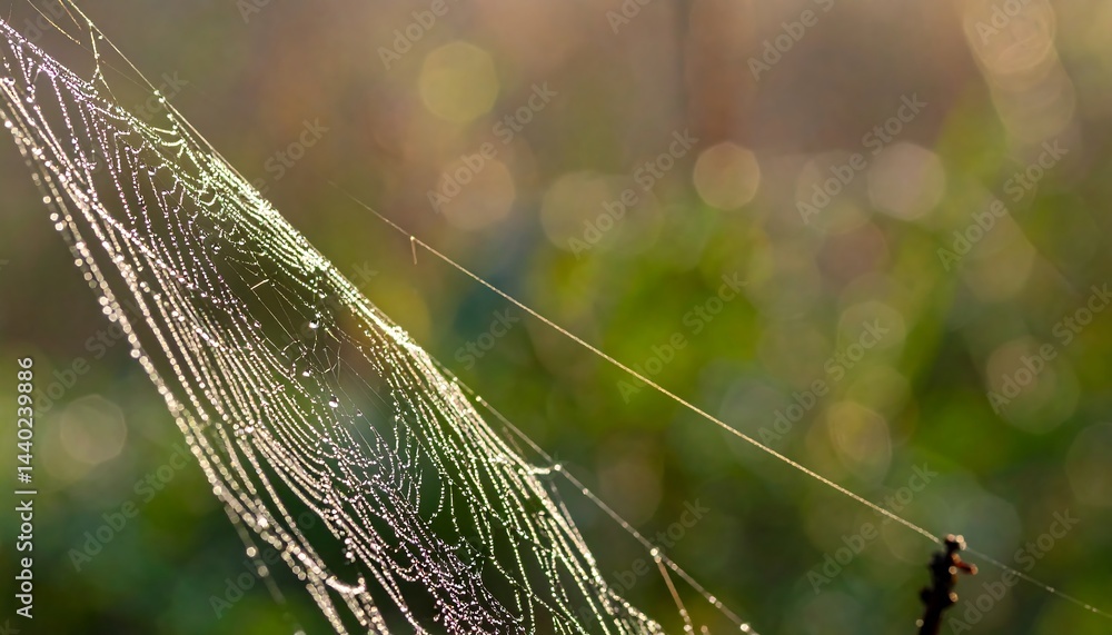 Fototapeta premium Dew-Kissed Spider Web Glimmering in Morning Light with Blurred Green Background and Bokeh Effect