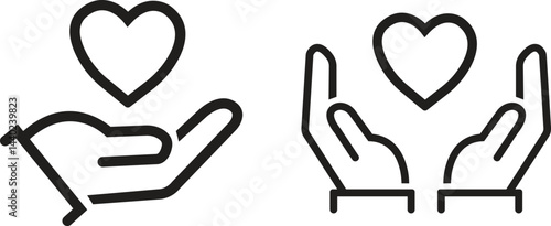 Heart in hand outline icons set. Love vectors. Health and medicine symbol. Healthcare hands holding heart sign. Save, care life symbol. Donation, giving aid concept isolated on transparent background.