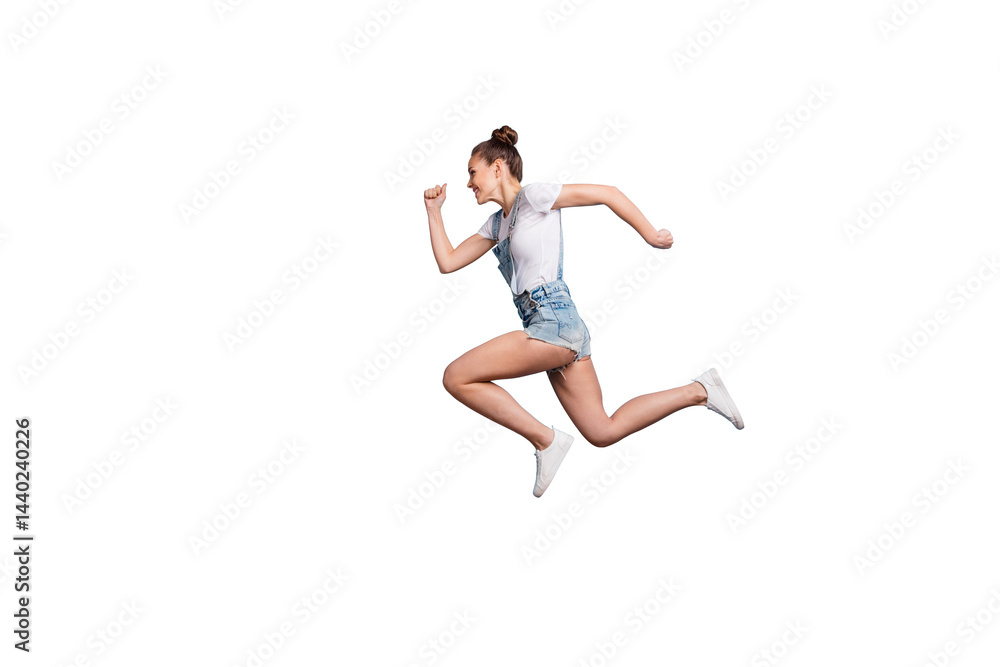 Full length body size photo of girlfriend running as quick as she can while isolated with blue background Full length body size photo of girlfriend running as quick as she can while isolated with blue background