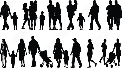 Diverse Group of People Silhouettes Walking Families, Couples & Individuals in Black & White