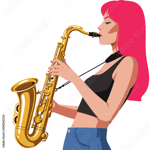 Young woman playing saxophone with passion in vibrant style,   joyful energy, modern lifestyle, music and freedom concept