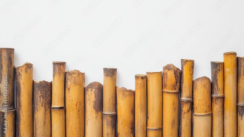 Tranquil composition featuring a row of natural bamboo stalks against a white backdrop Tranquil composition featuring a row of natural bamboo stalks against a white backdrop