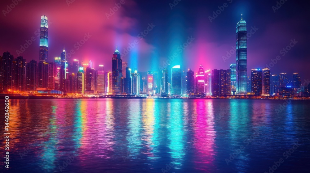 Fototapeta premium Vibrant Hong Kong Nightscape: A Symphony of Lights and Reflections