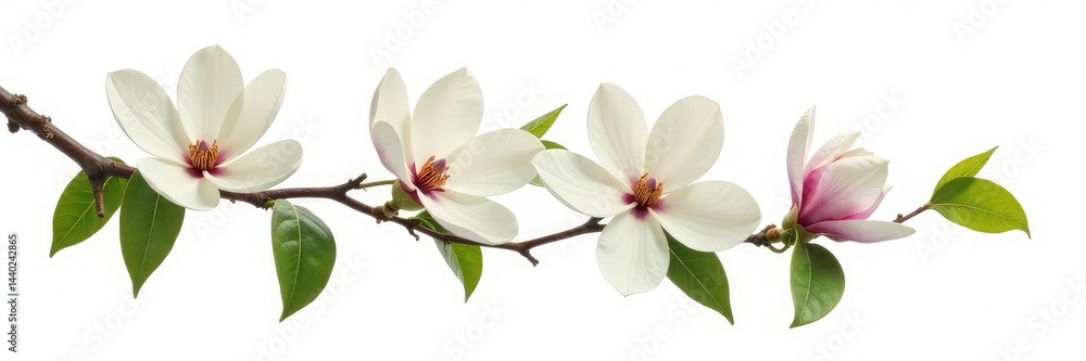 Obraz premium An isolated magnolia tree branch with large showy flowers and green leaves on white background, single element, botanical, white space