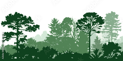 Forest tree silhouettes in green — nature and park landscape. Isolated vector background.