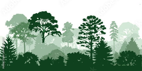 Nature and park landscape with forest green tree silhouettes. Isolated vector design.

