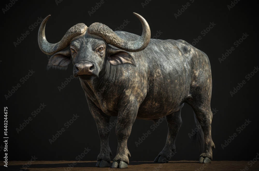 Naklejka premium Front view of a muscular water buffalo standing tall, imposing eyes