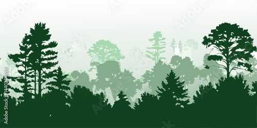 Nature and park landscape with forest green tree silhouettes. Isolated vector design.