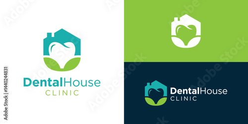 Creative dental house clinic logo template. Dental with home and leaves logo design vector illustration.