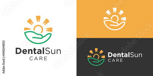 Creative dental sun logo template. Hand with sun and teeth logo design vector illustration.