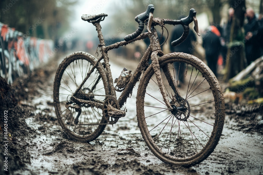 Muddy bicycle stands on a muddy trail, embodying the challenging conditions of a cyclocross race Muddy bicycle stands on a muddy trail, embodying the challenging conditions of a cyclocross race