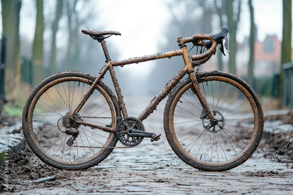 Fototapeta premium Muddy gravel bicycle parked on a cobblestone path after a challenging off-road cycling adventure in winter