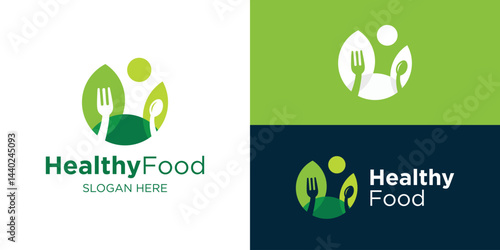 Creative healthy food logo template. Logo for restaurant food or farm food. Fork spoon with leaf and hill logo design vector design illustration.