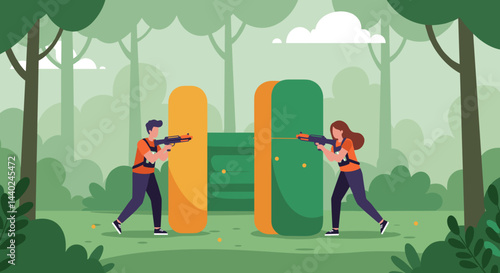 Two players engaged in laser tag battle in a green forest, Suitable for promoting outdoor intercessary rest, advertising of sportswear, shoes and equipment  