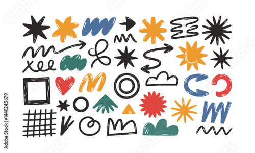 Vector illustration with a collection of playful hand-drawn abstract shapes, easily editable.