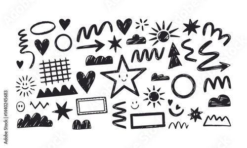 Vector illustration with a collection of playful hand-drawn abstract shapes, easily editable.