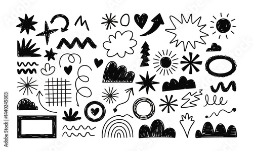 Vector illustration with a collection of playful hand-drawn abstract shapes, easily editable.