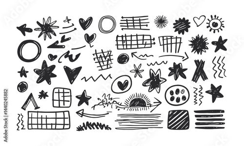 Vector illustration with a collection of playful hand-drawn abstract shapes, easily editable.